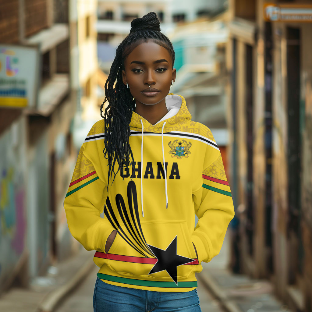 Custom World Football 2026 Ghana Hoodie Black Star Adinkra Heritage Yellow Version
