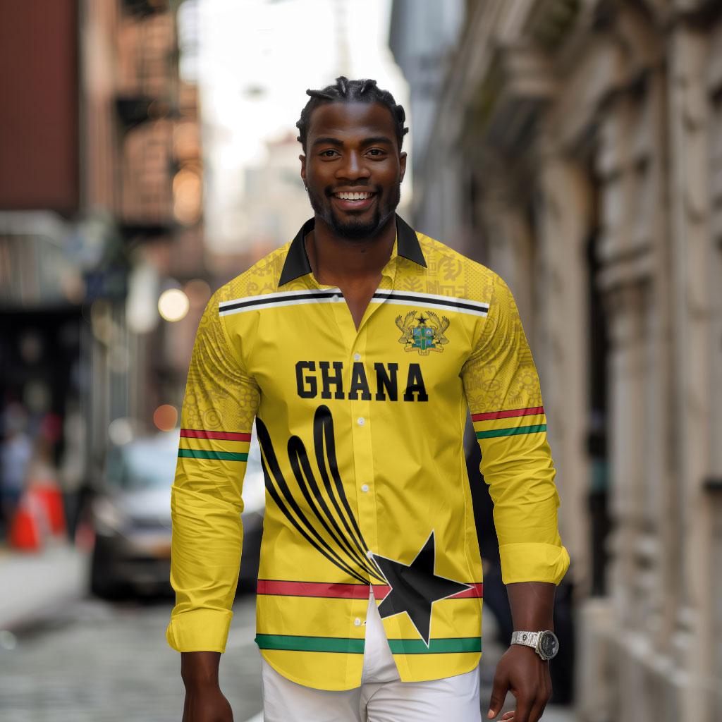 Custom World Football 2026 Ghana Long Sleeve Button Shirt Black Star Adinkra Heritage Yellow Version