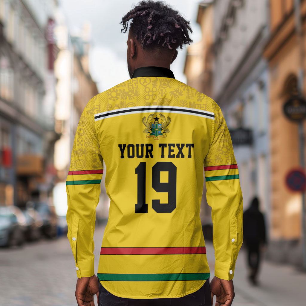 Custom World Football 2026 Ghana Long Sleeve Button Shirt Black Star Adinkra Heritage Yellow Version