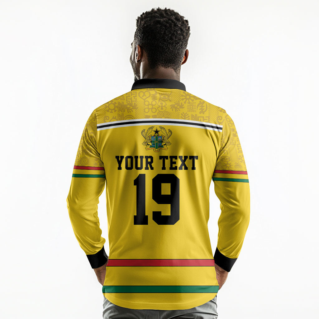 Custom World Football 2026 Ghana Long Sleeve Polo Shirt Black Star Adinkra Heritage Yellow Version