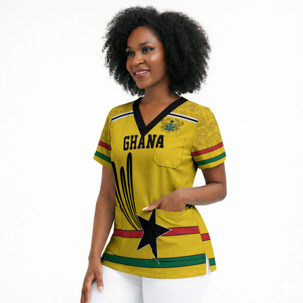 Custom World Football 2026 Ghana Scrub Top Black Star Adinkra Heritage Yellow Version