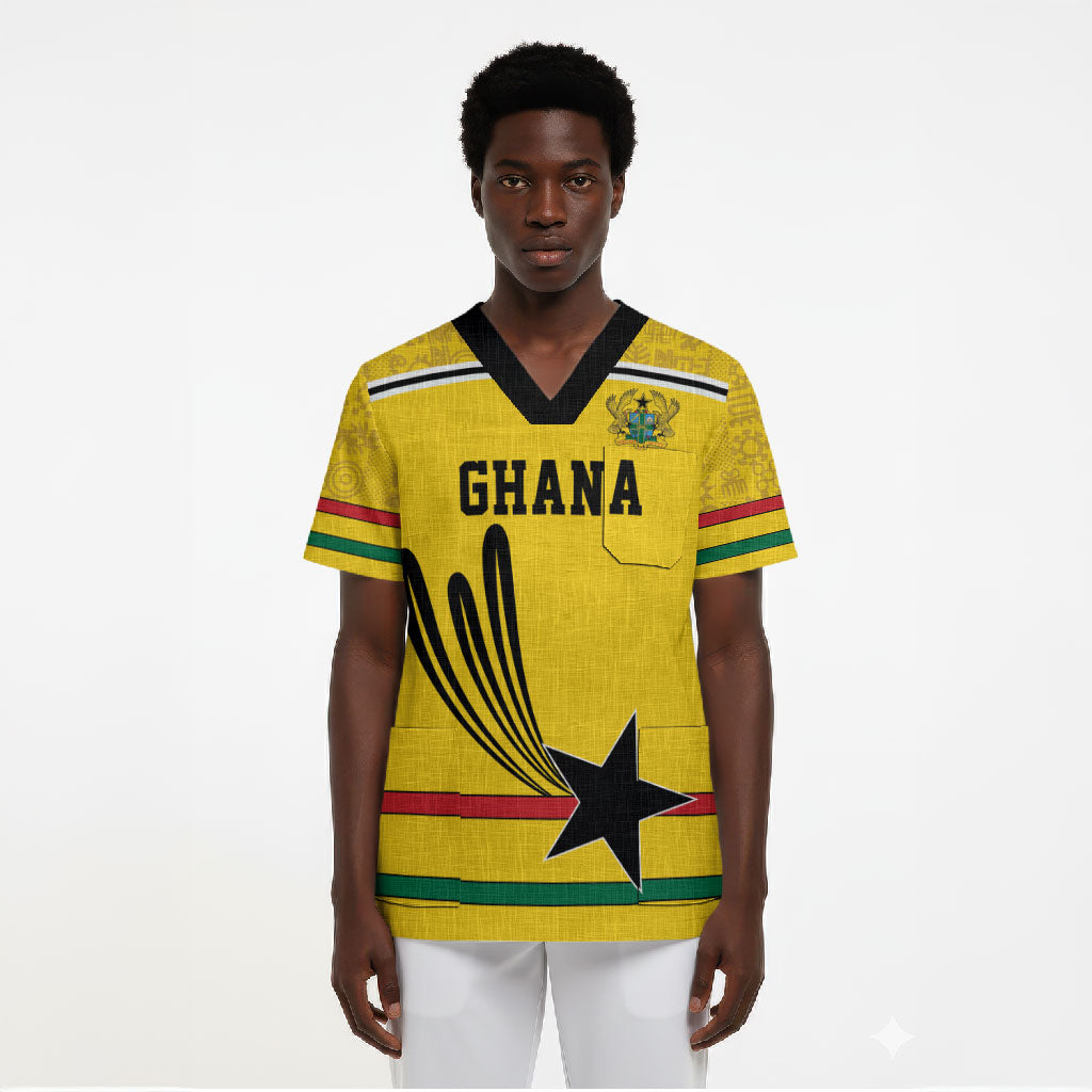 Custom World Football 2026 Ghana Scrub Top Black Star Adinkra Heritage Yellow Version