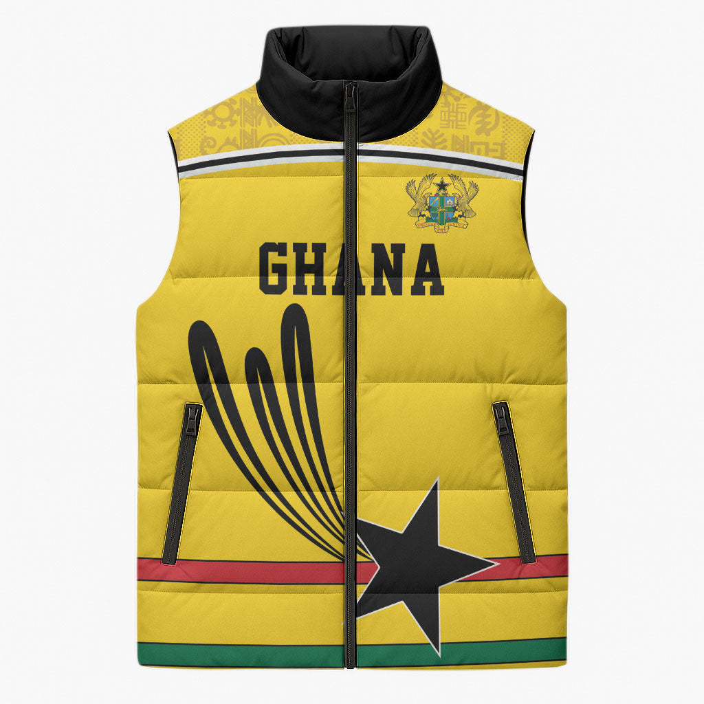 Custom World Football 2026 Ghana Sleeveless Puffer Jacket Black Star Adinkra Heritage Yellow Version