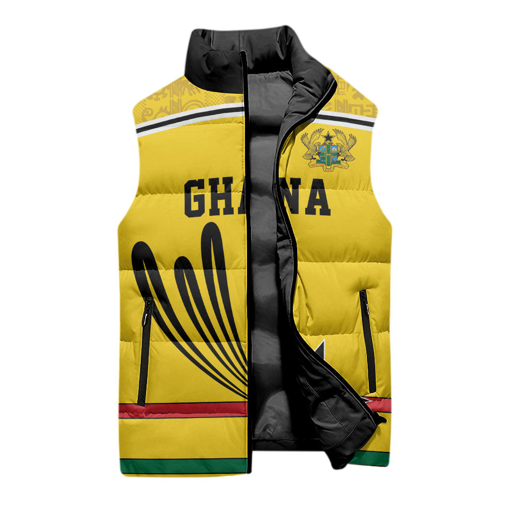 Custom World Football 2026 Ghana Sleeveless Puffer Jacket Black Star Adinkra Heritage Yellow Version