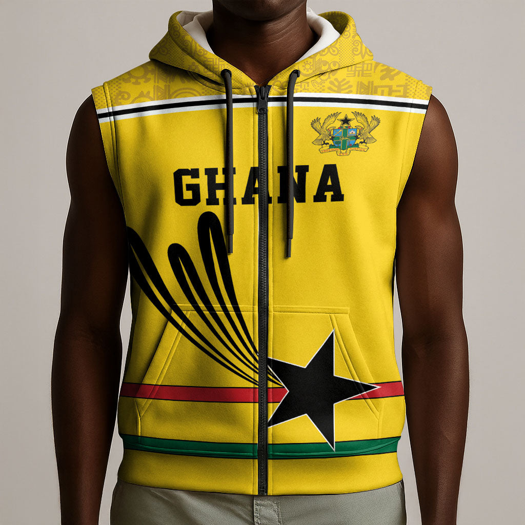 Custom World Football 2026 Ghana Sleeveless Zip Hoodie Black Star Adinkra Heritage Yellow Version