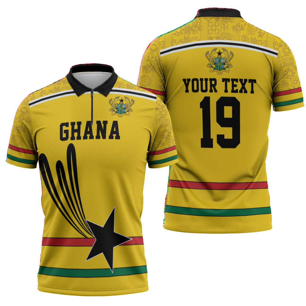 Custom World Football 2026 Ghana Zipper Polo Shirt Black Star Adinkra Heritage Yellow Version
