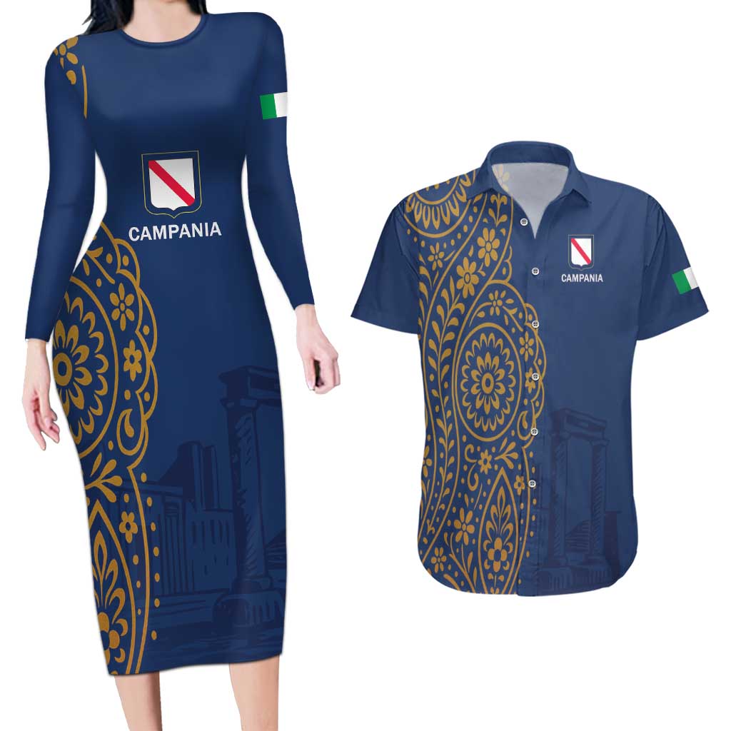 Italy Campania Couples Matching Long Sleeve Bodycon Dress and Hawaiian Shirt Vietri Sul Mare Tile With Pompeii Ruins - Wonder Print Shop