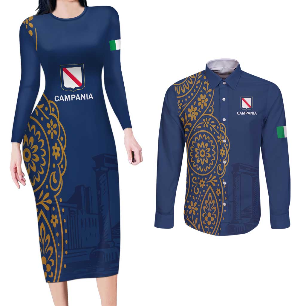 Italy Campania Couples Matching Long Sleeve Bodycon Dress and Long Sleeve Button Shirt Vietri Sul Mare Tile With Pompeii Ruins - Wonder Print Shop