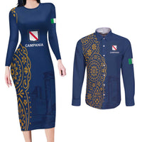 Italy Campania Couples Matching Long Sleeve Bodycon Dress and Long Sleeve Button Shirt Vietri Sul Mare Tile With Pompeii Ruins - Wonder Print Shop