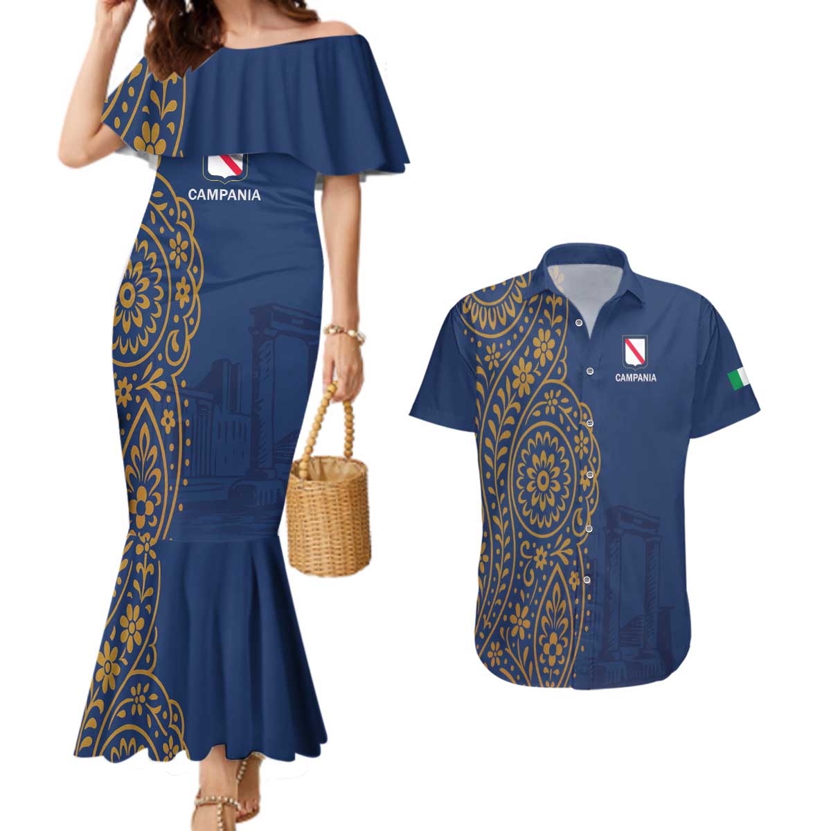 Italy Campania Couples Matching Mermaid Dress and Hawaiian Shirt Vietri Sul Mare Tile With Pompeii Ruins - Wonder Print Shop