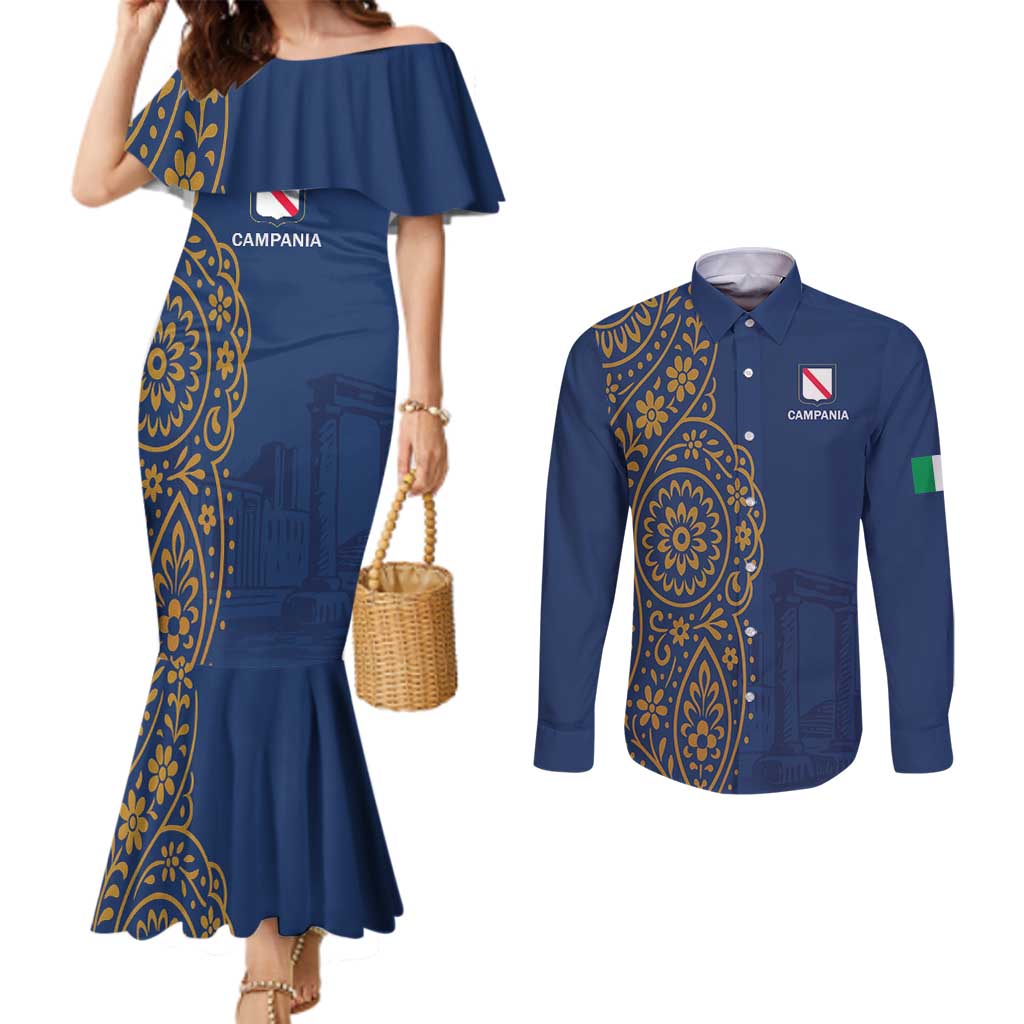 Italy Campania Couples Matching Mermaid Dress and Long Sleeve Button Shirt Vietri Sul Mare Tile With Pompeii Ruins - Wonder Print Shop