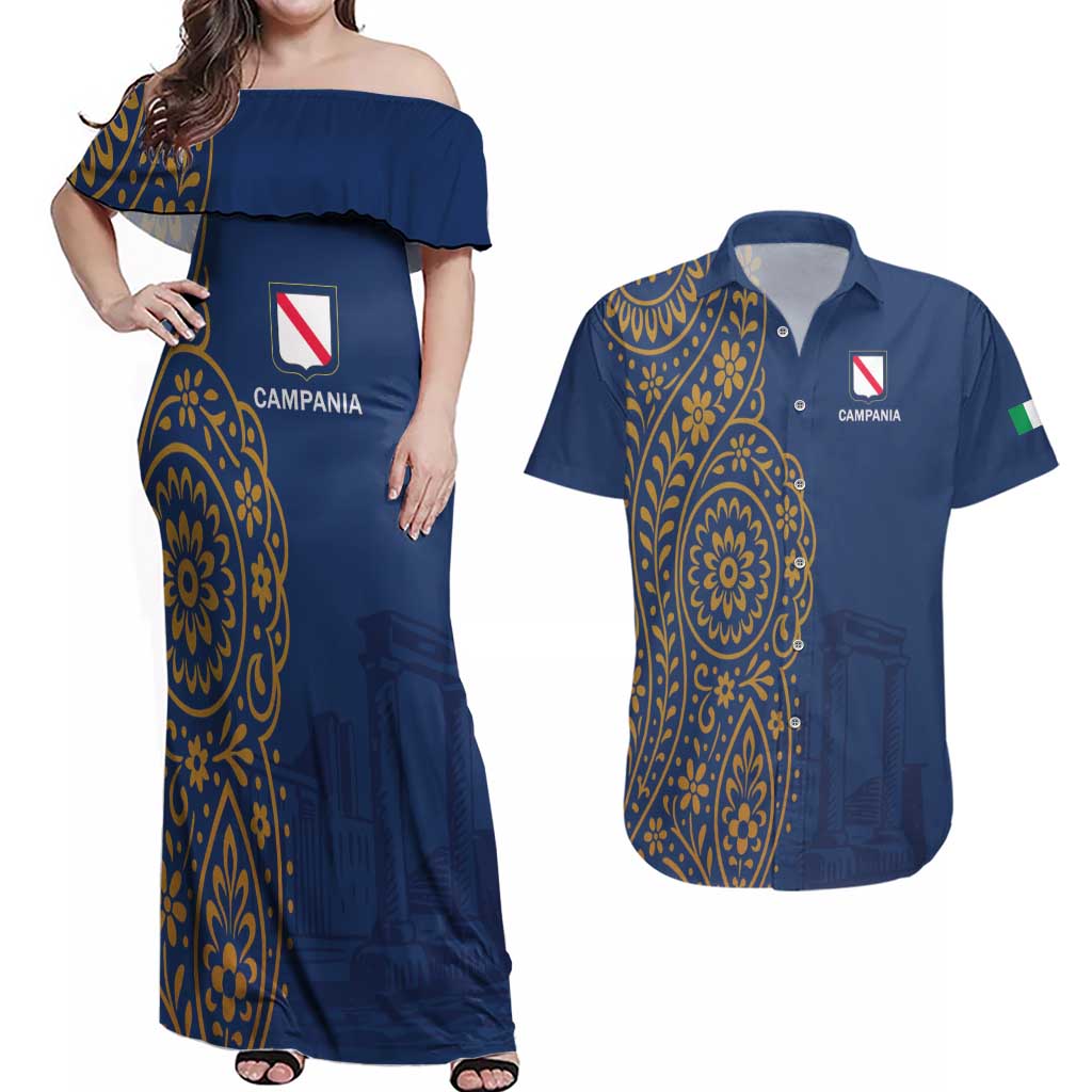 Italy Campania Couples Matching Off Shoulder Maxi Dress and Hawaiian Shirt Vietri Sul Mare Tile With Pompeii Ruins - Wonder Print Shop