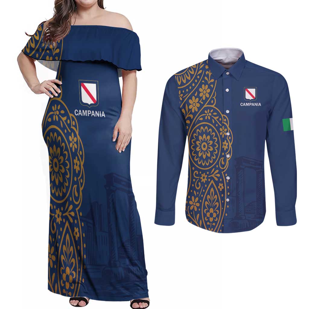 Italy Campania Couples Matching Off Shoulder Maxi Dress and Long Sleeve Button Shirt Vietri Sul Mare Tile With Pompeii Ruins - Wonder Print Shop