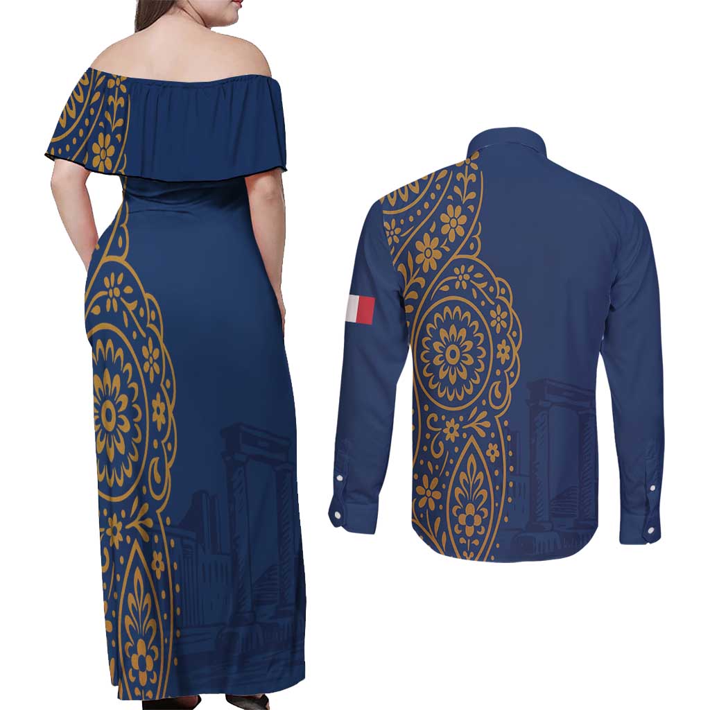 Italy Campania Couples Matching Off Shoulder Maxi Dress and Long Sleeve Button Shirt Vietri Sul Mare Tile With Pompeii Ruins - Wonder Print Shop