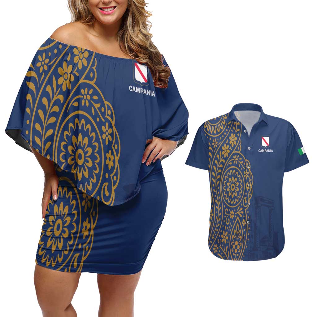 Italy Campania Couples Matching Off Shoulder Short Dress and Hawaiian Shirt Vietri Sul Mare Tile With Pompeii Ruins - Wonder Print Shop
