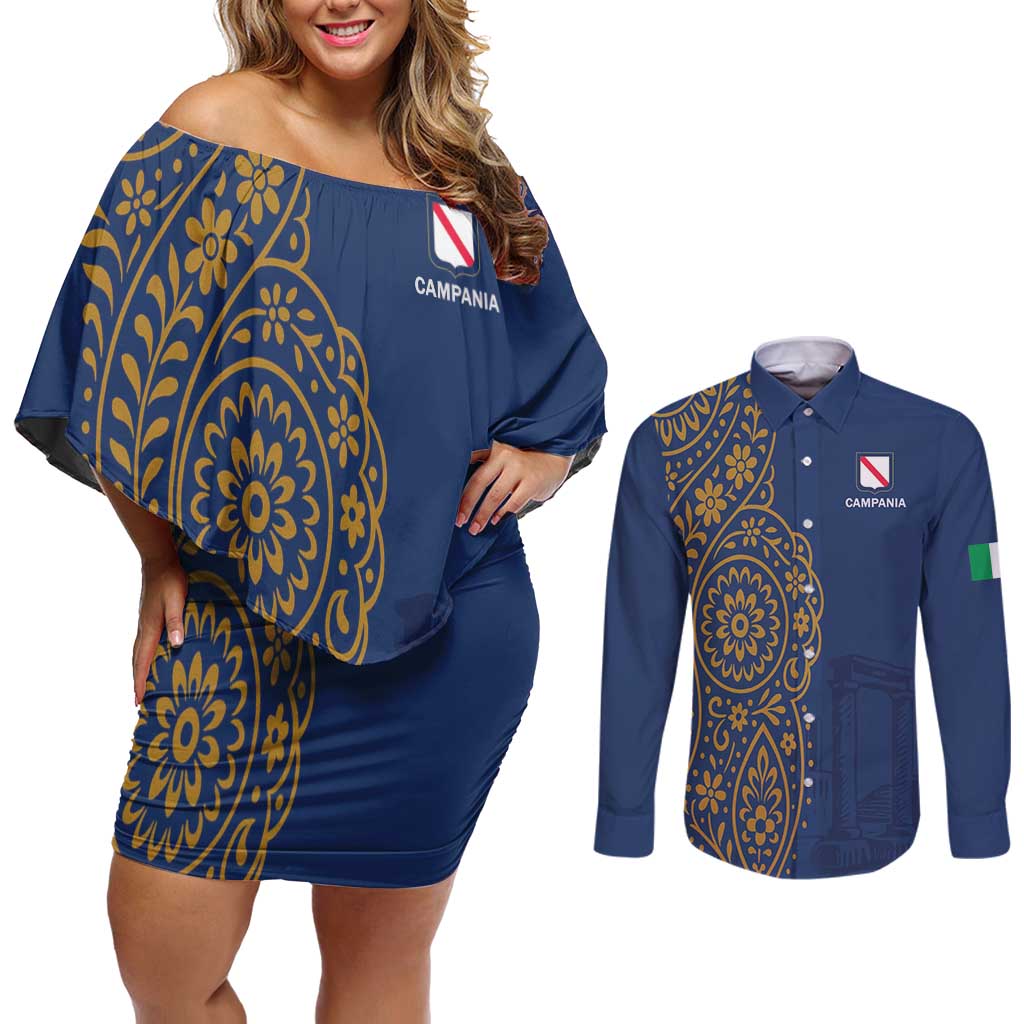 Italy Campania Couples Matching Off Shoulder Short Dress and Long Sleeve Button Shirt Vietri Sul Mare Tile With Pompeii Ruins - Wonder Print Shop
