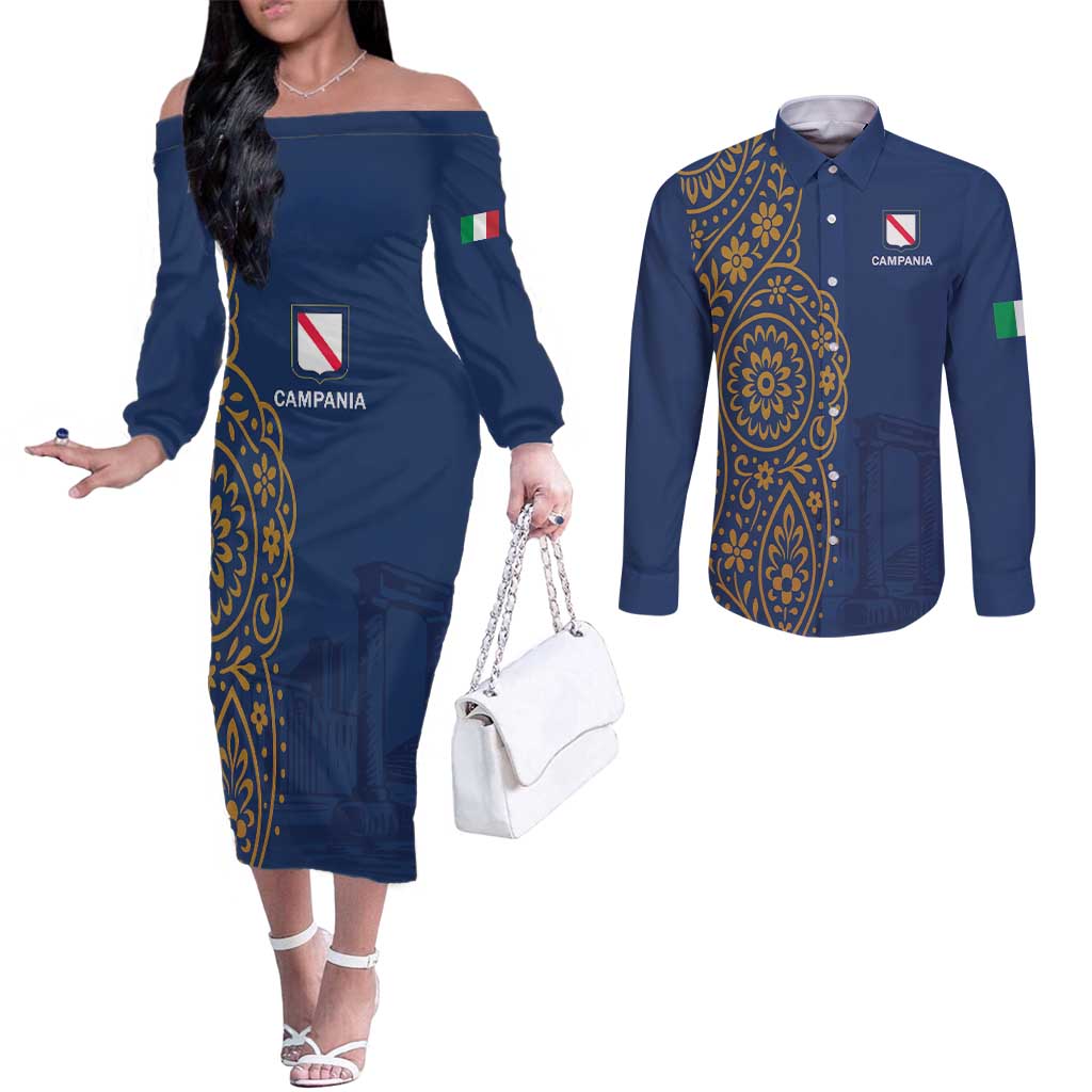 Italy Campania Couples Matching Off The Shoulder Long Sleeve Dress and Long Sleeve Button Shirt Vietri Sul Mare Tile With Pompeii Ruins - Wonder Print Shop