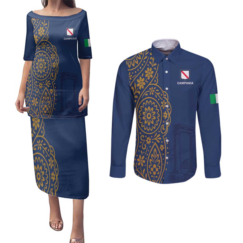 Italy Campania Couples Matching Puletasi and Long Sleeve Button Shirt Vietri Sul Mare Tile With Pompeii Ruins - Wonder Print Shop