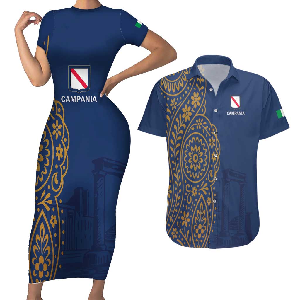 Italy Campania Couples Matching Short Sleeve Bodycon Dress and Hawaiian Shirt Vietri Sul Mare Tile With Pompeii Ruins - Wonder Print Shop