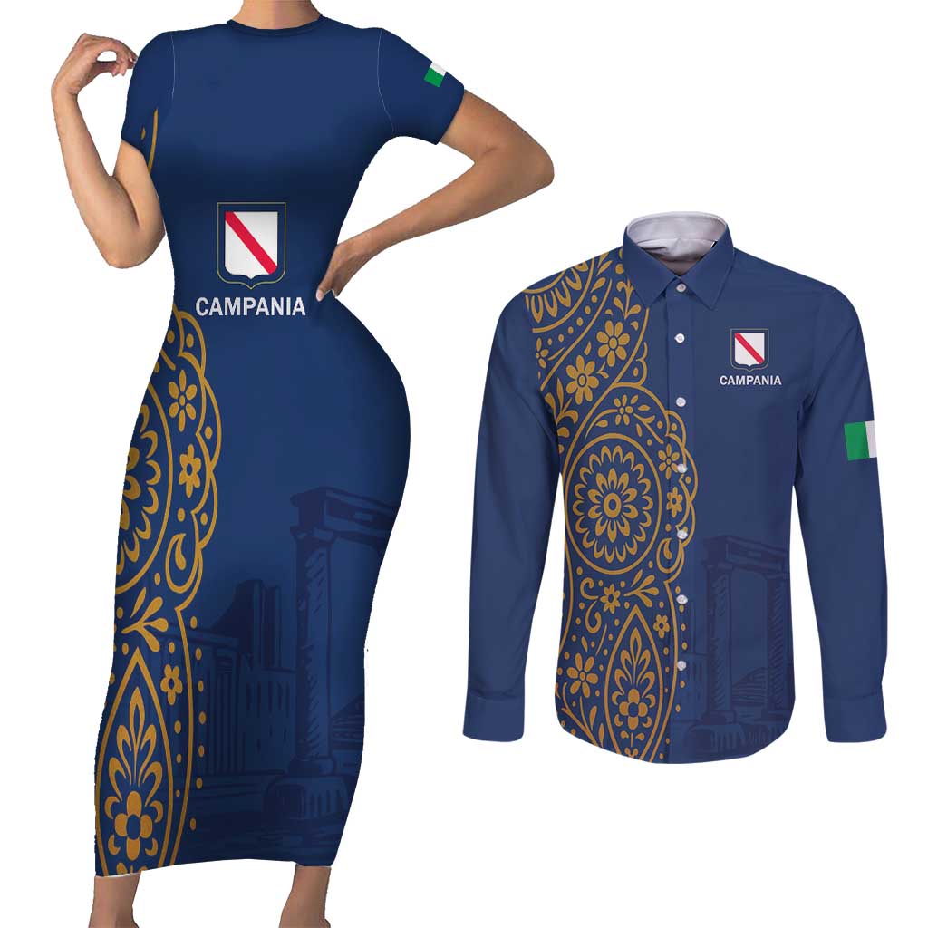 Italy Campania Couples Matching Short Sleeve Bodycon Dress and Long Sleeve Button Shirt Vietri Sul Mare Tile With Pompeii Ruins - Wonder Print Shop
