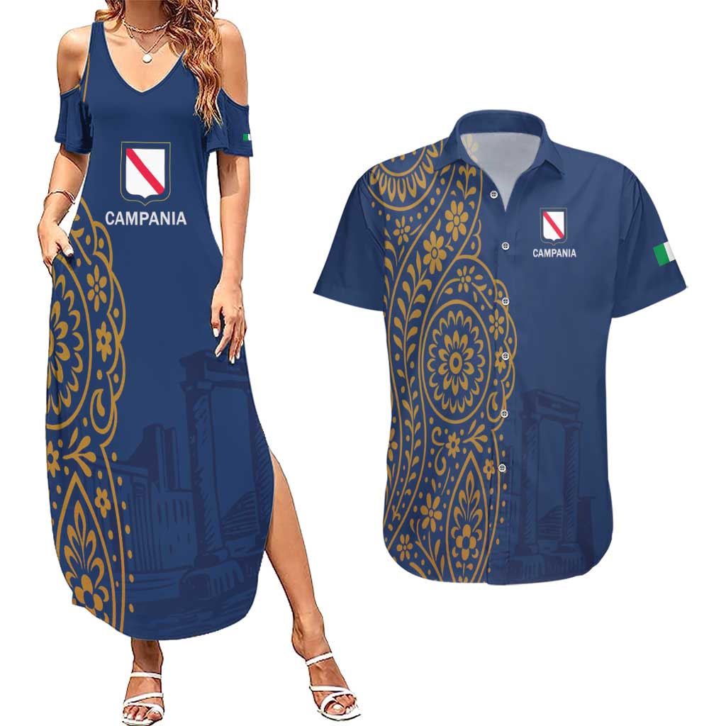 Italy Campania Couples Matching Summer Maxi Dress and Hawaiian Shirt Vietri Sul Mare Tile With Pompeii Ruins - Wonder Print Shop