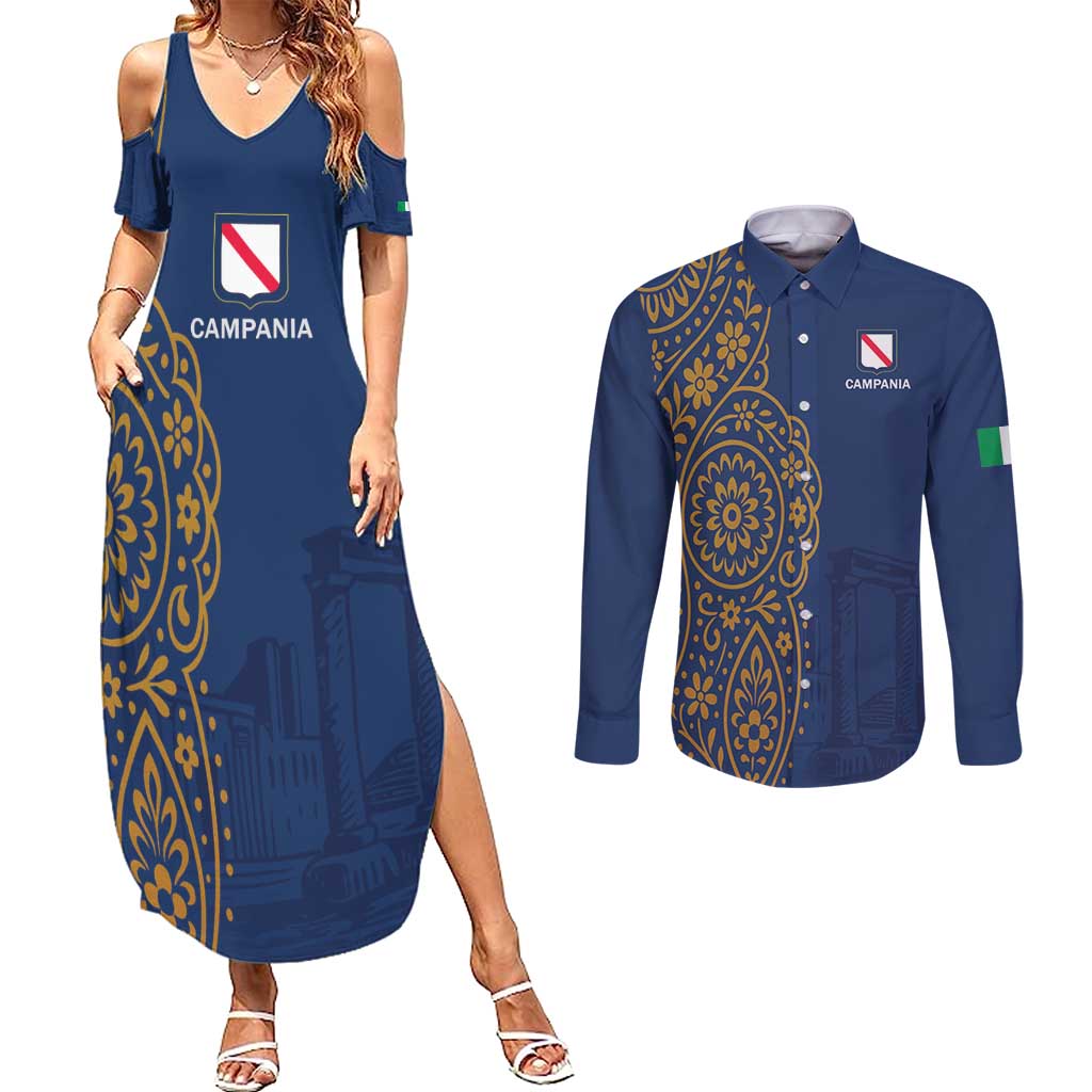 Italy Campania Couples Matching Summer Maxi Dress and Long Sleeve Button Shirt Vietri Sul Mare Tile With Pompeii Ruins - Wonder Print Shop