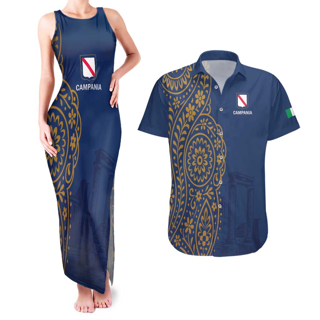Italy Campania Couples Matching Tank Maxi Dress and Hawaiian Shirt Vietri Sul Mare Tile With Pompeii Ruins - Wonder Print Shop