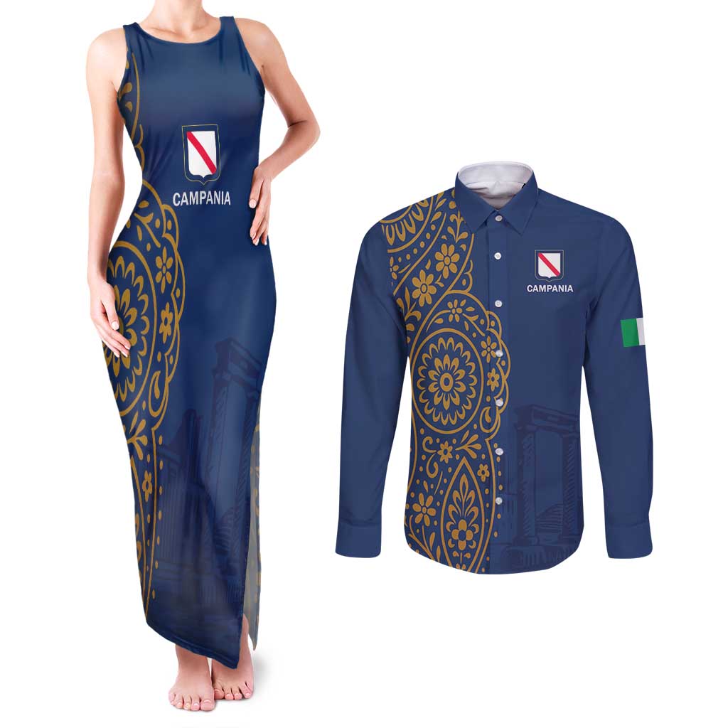 Italy Campania Couples Matching Tank Maxi Dress and Long Sleeve Button Shirt Vietri Sul Mare Tile With Pompeii Ruins - Wonder Print Shop