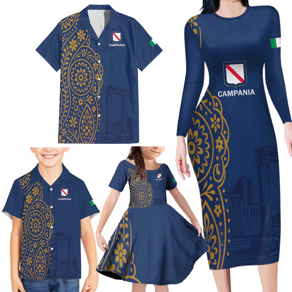 Italy Campania Family Matching Long Sleeve Bodycon Dress and Hawaiian Shirt Vietri Sul Mare Tile With Pompeii Ruins - Wonder Print Shop