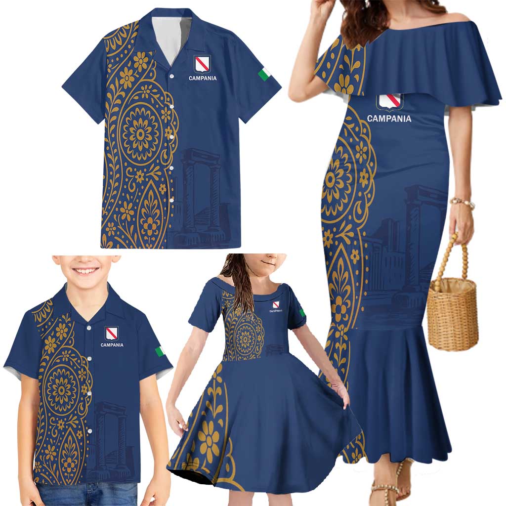 Italy Campania Family Matching Mermaid Dress and Hawaiian Shirt Vietri Sul Mare Tile With Pompeii Ruins - Wonder Print Shop