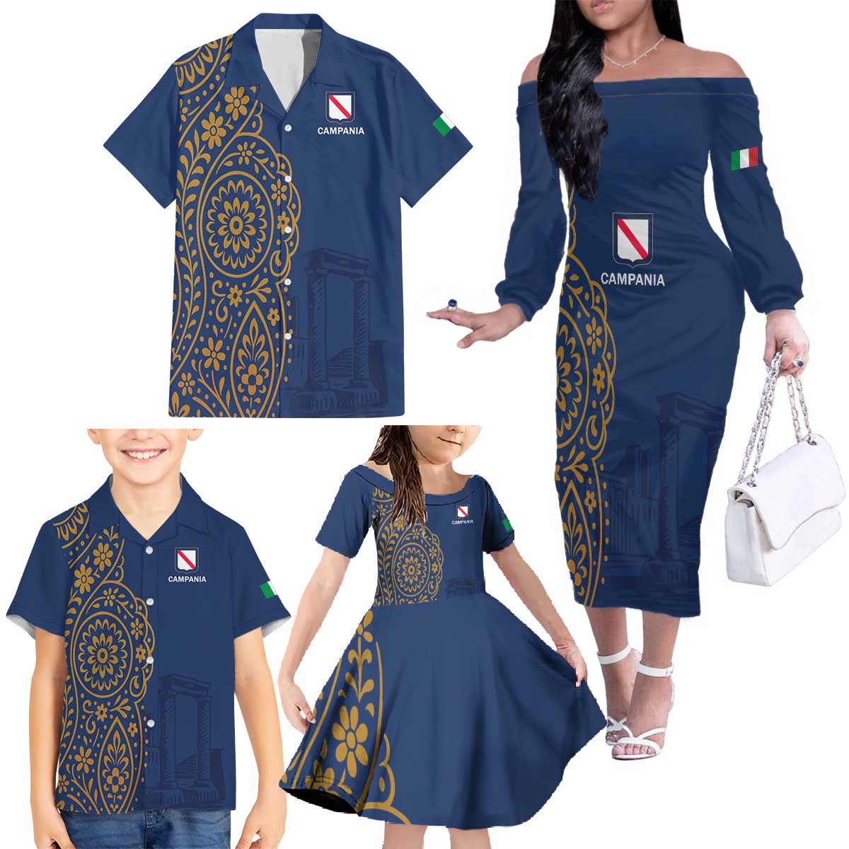 Italy Campania Family Matching Off The Shoulder Long Sleeve Dress and Hawaiian Shirt Vietri Sul Mare Tile With Pompeii Ruins - Wonder Print Shop