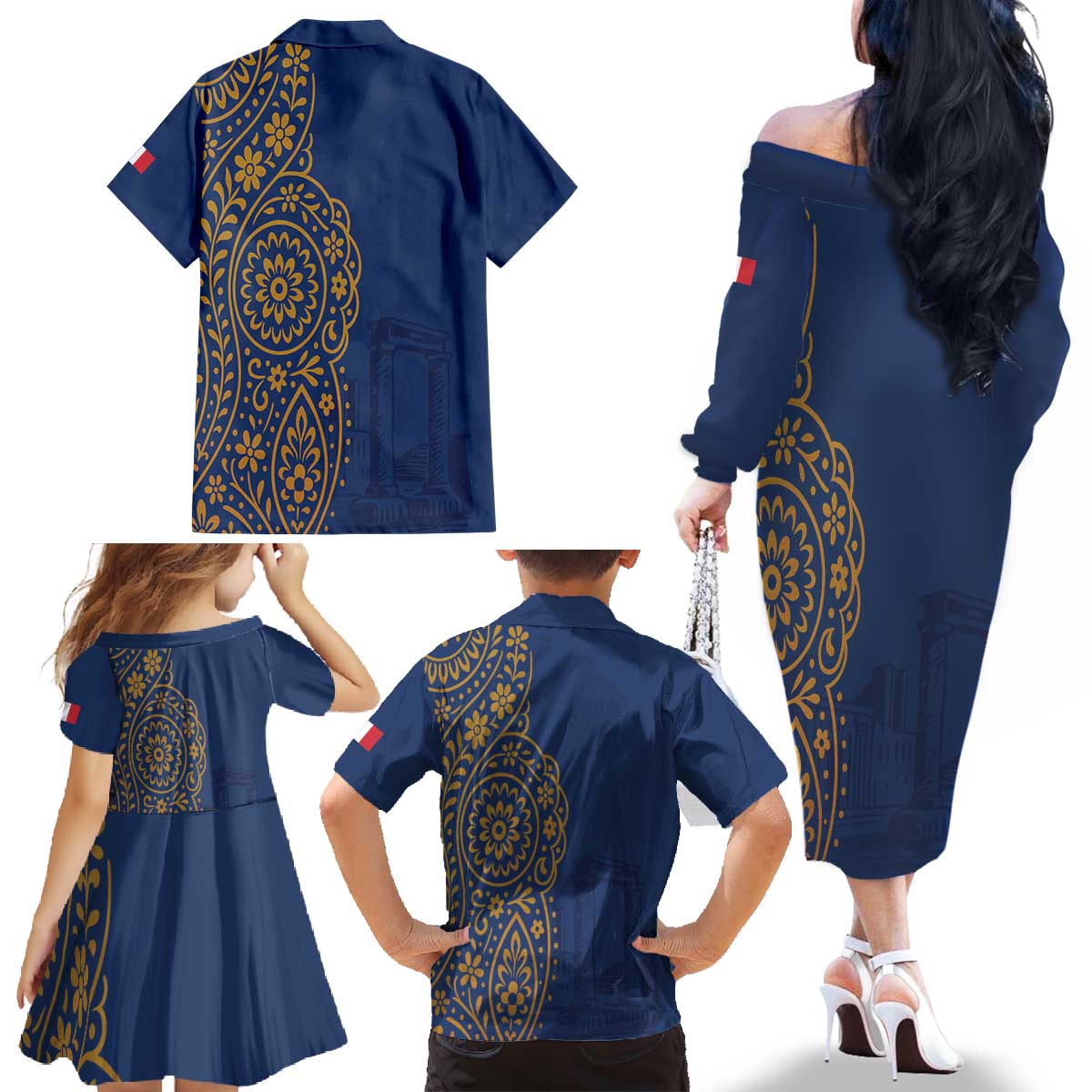 Italy Campania Family Matching Off The Shoulder Long Sleeve Dress and Hawaiian Shirt Vietri Sul Mare Tile With Pompeii Ruins - Wonder Print Shop