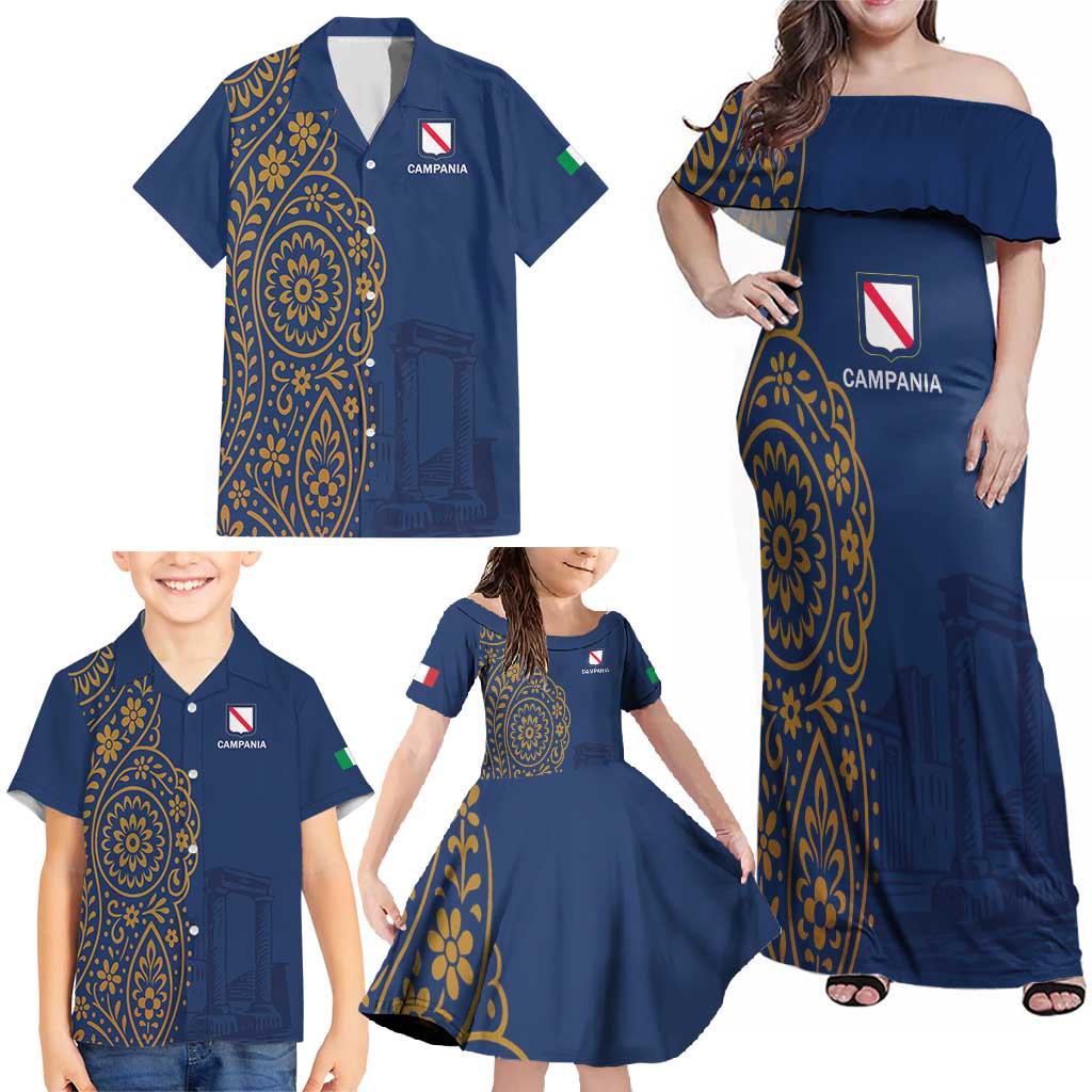 Italy Campania Family Matching Off Shoulder Maxi Dress and Hawaiian Shirt Vietri Sul Mare Tile With Pompeii Ruins - Wonder Print Shop