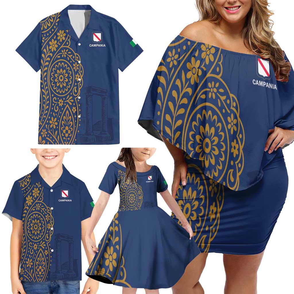 Italy Campania Family Matching Off Shoulder Short Dress and Hawaiian Shirt Vietri Sul Mare Tile With Pompeii Ruins - Wonder Print Shop