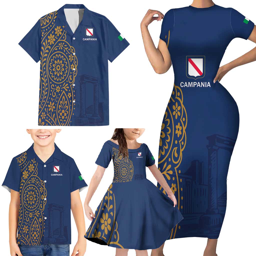Italy Campania Family Matching Short Sleeve Bodycon Dress and Hawaiian Shirt Vietri Sul Mare Tile With Pompeii Ruins - Wonder Print Shop