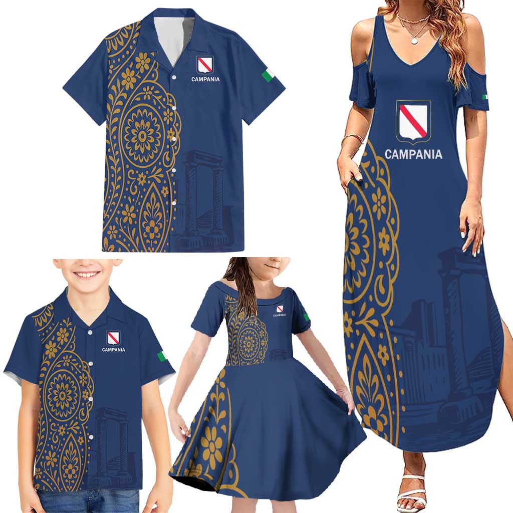 Italy Campania Family Matching Summer Maxi Dress and Hawaiian Shirt Vietri Sul Mare Tile With Pompeii Ruins - Wonder Print Shop