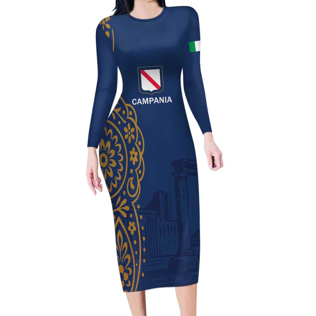 Italy Campania Long Sleeve Bodycon Dress Vietri Sul Mare Tile With Pompeii Ruins - Wonder Print Shop