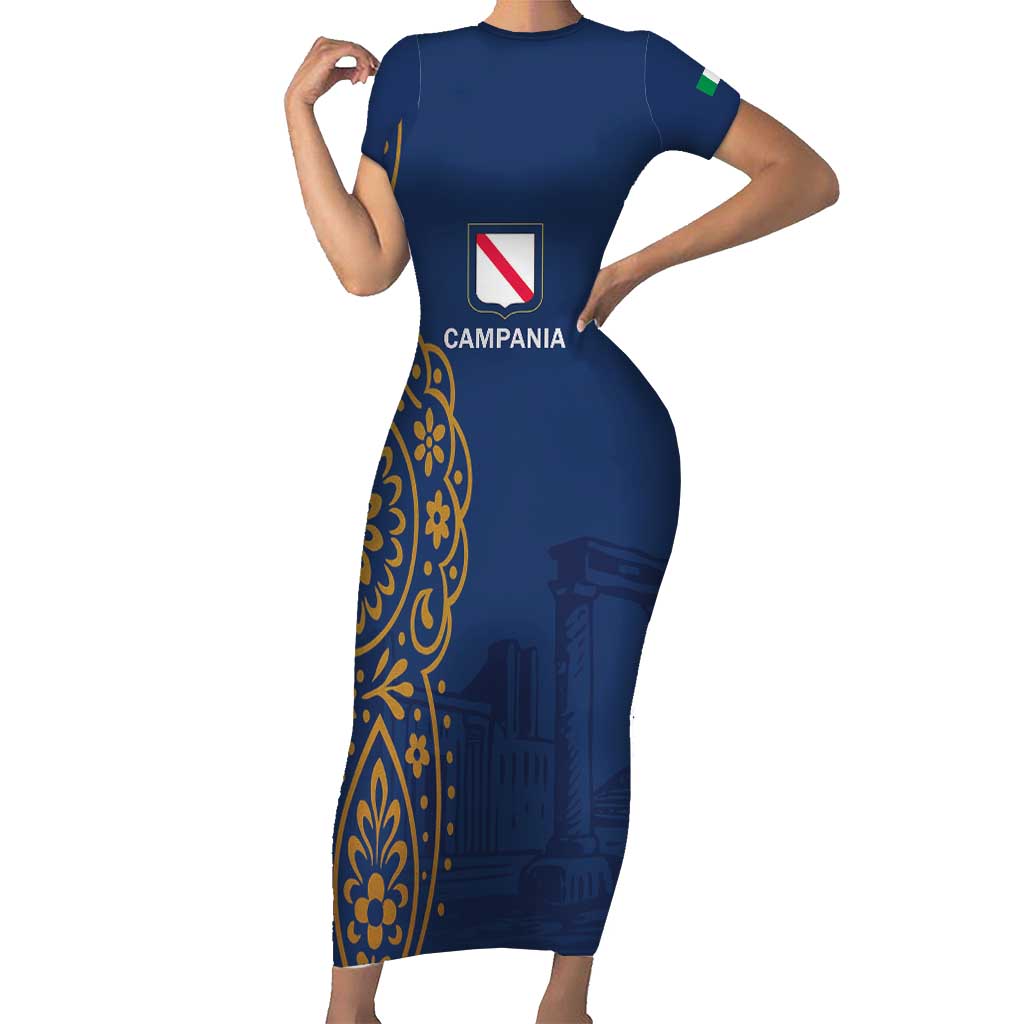 Italy Campania Short Sleeve Bodycon Dress Vietri Sul Mare Tile With Pompeii Ruins - Wonder Print Shop