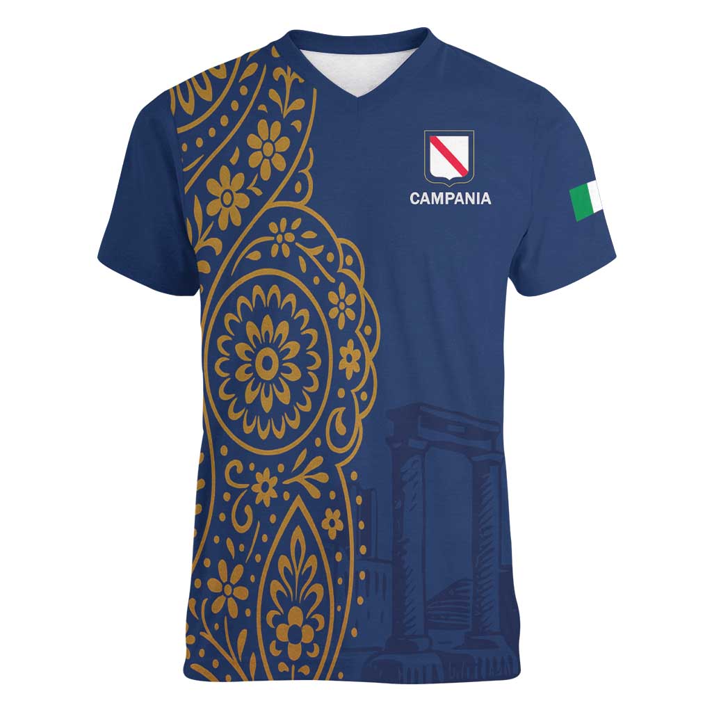 Italy Campania Women V-Neck T-Shirt Vietri Sul Mare Tile With Pompeii Ruins - Wonder Print Shop