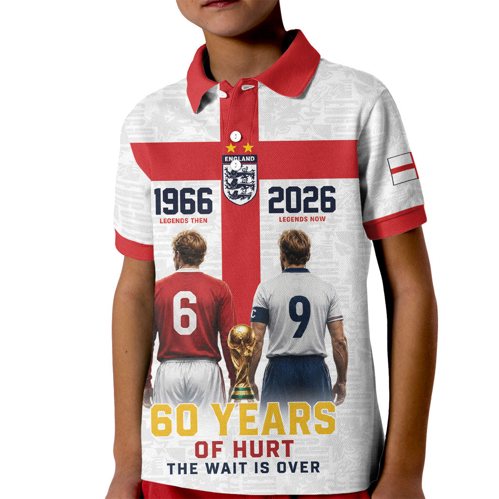 Custom England Football 60 Year Legacy Kid Polo Shirt 1966 Legends Then 2026 Legends Now