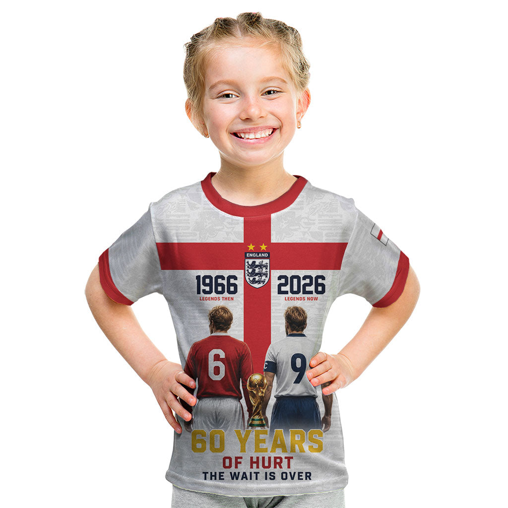 Custom England Football 60 Year Legacy Kid T Shirt 1966 Legends Then 2026 Legends Now