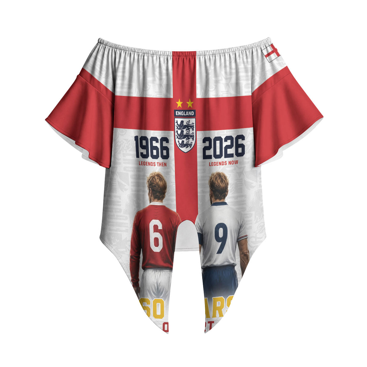 Custom England Football 60 Year Legacy Off Shoulder Wrap Waist Top 1966 Legends Then 2026 Legends Now