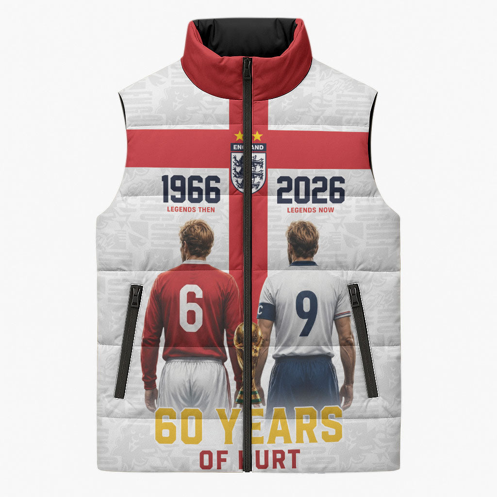 Custom England Football 60 Year Legacy Sleeveless Puffer Jacket 1966 Legends Then 2026 Legends Now