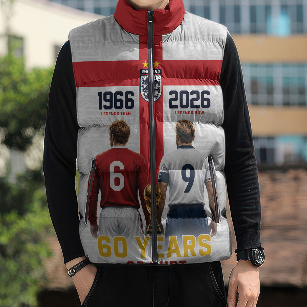 Custom England Football 60 Year Legacy Sleeveless Puffer Jacket 1966 Legends Then 2026 Legends Now