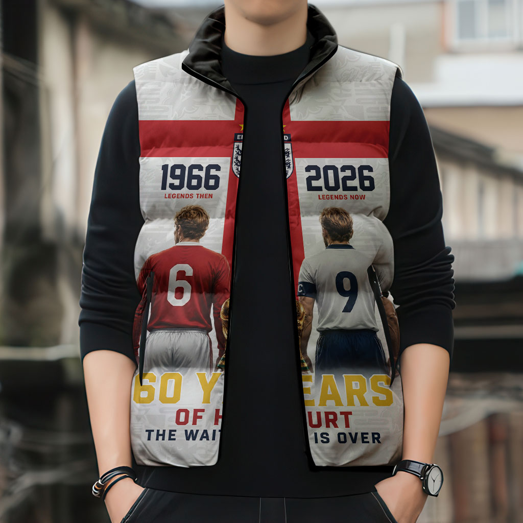 Custom England Football 60 Year Legacy Sleeveless Puffer Jacket 1966 Legends Then 2026 Legends Now