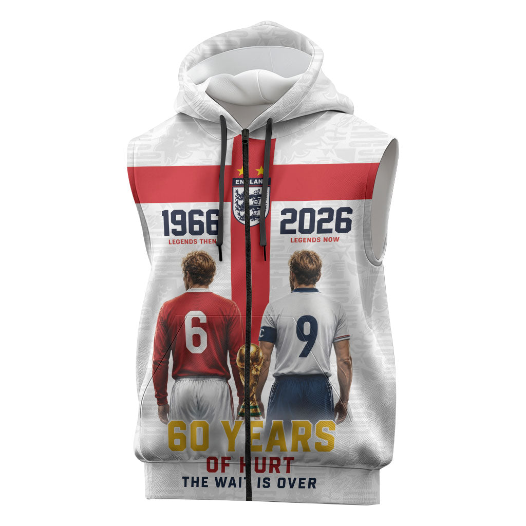 Custom England Football 60 Year Legacy Sleeveless Zip Hoodie 1966 Legends Then 2026 Legends Now