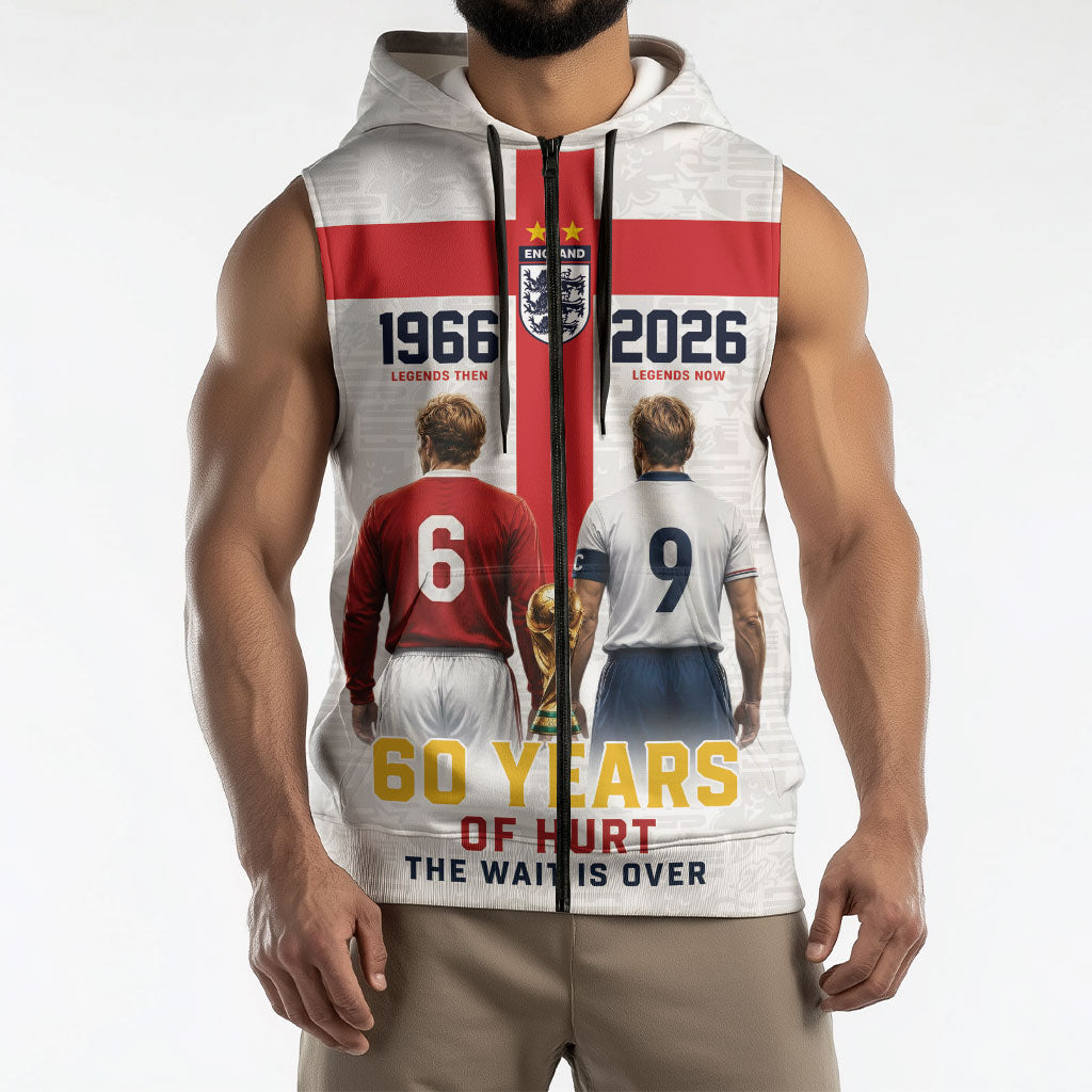 Custom England Football 60 Year Legacy Sleeveless Zip Hoodie 1966 Legends Then 2026 Legends Now