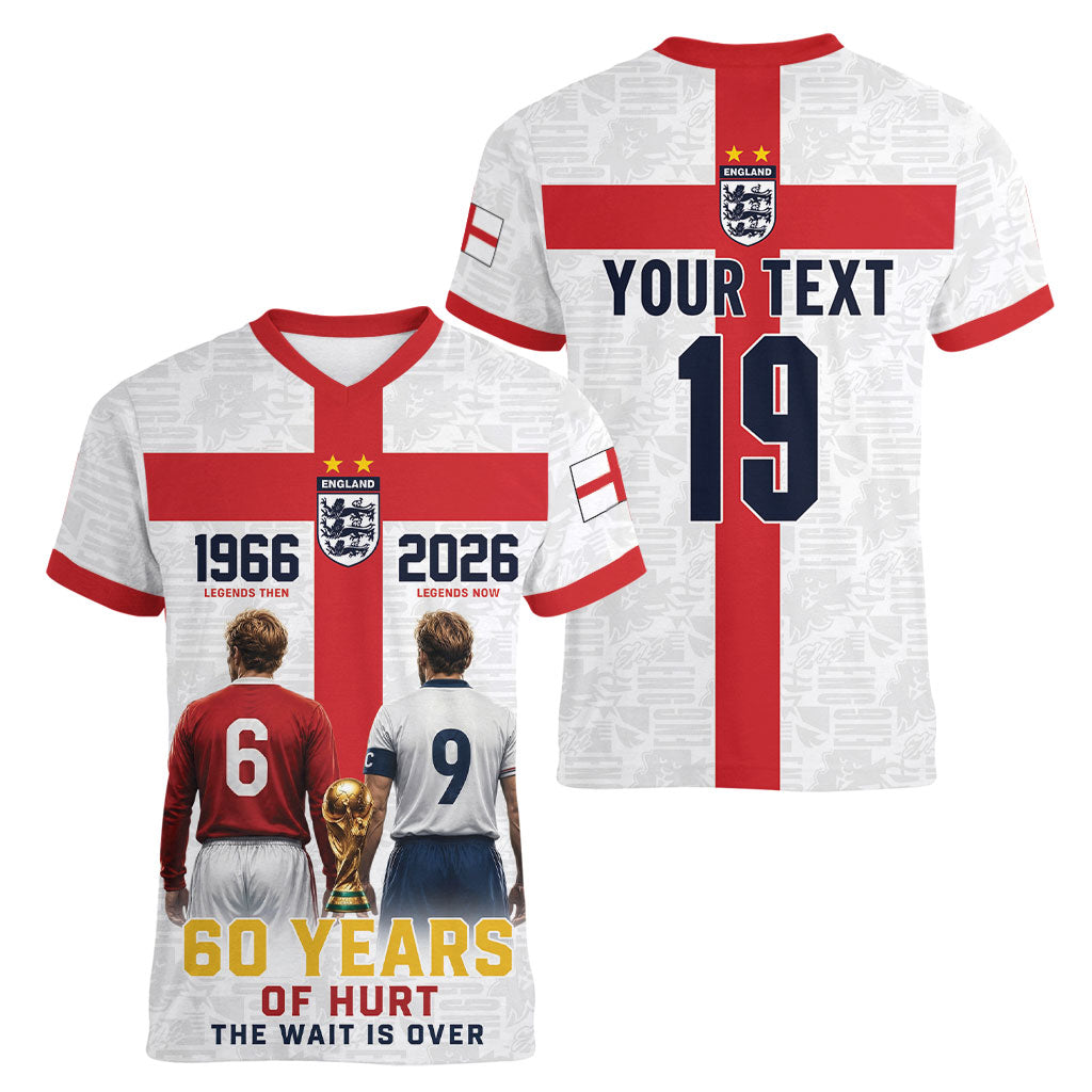 Custom England Football 60 Year Legacy Women V-Neck T-Shirt 1966 Legends Then 2026 Legends Now