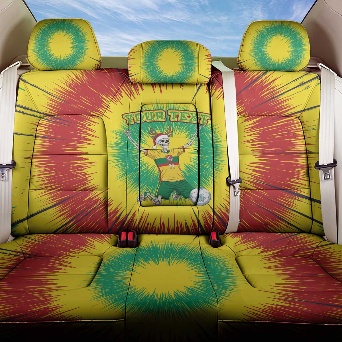Personalized Lithuania Christmas Tie Dye Back Car Seat Cover Skeleton Soccer Goal Celebration Santa Hat - Wonder Print Shop