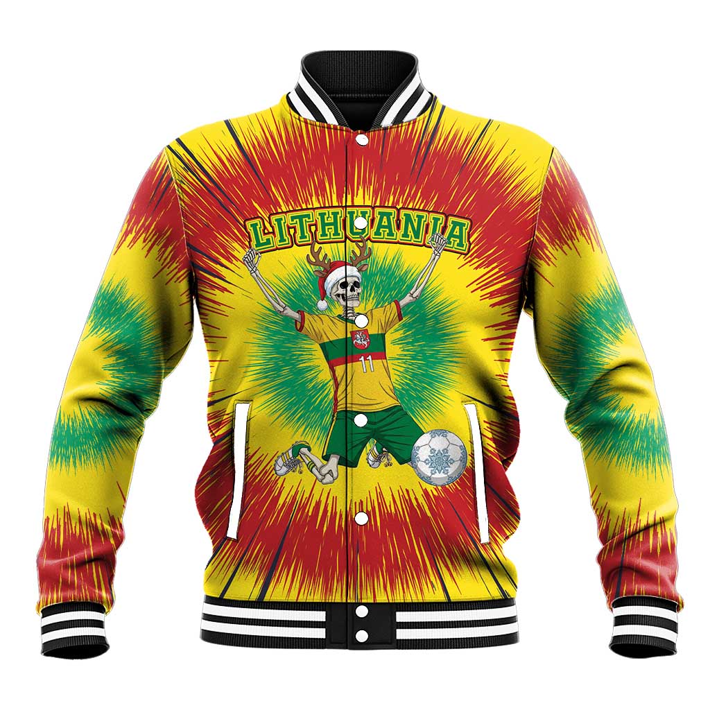 Personalized Lithuania Christmas Tie Dye Baseball Jacket Skeleton Soccer Goal Celebration Santa Hat - Wonder Print Shop